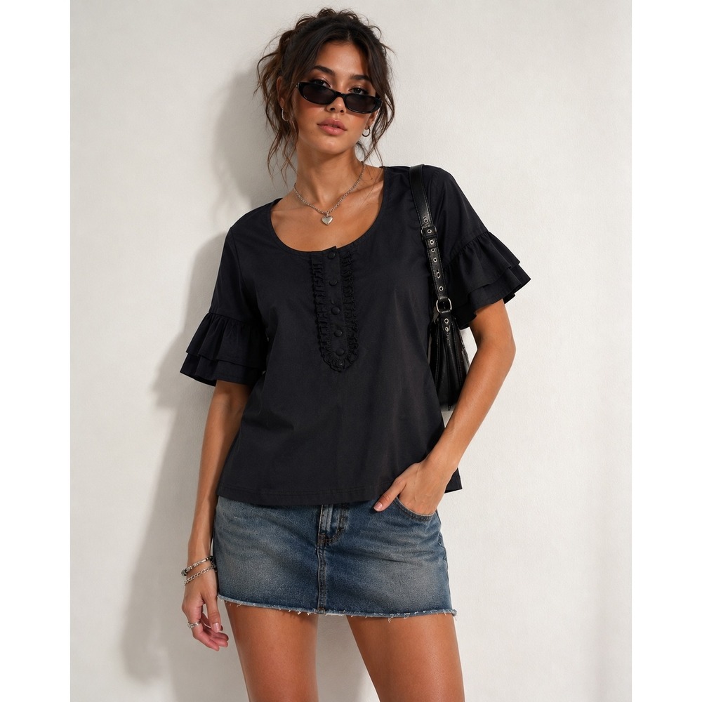 Old Navy Womens Black Cotton‎ Ruffle Tiered Sleeve Y2K Blouse Top Small RN54023